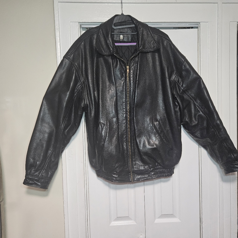 Vintage Mens Black Leather Bomber Jacket - 2X